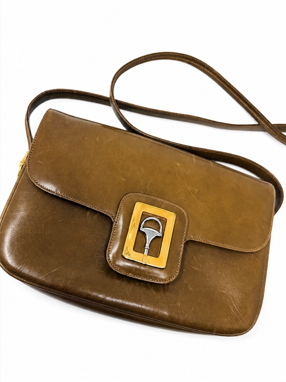 Gucci Vintage Brown Leather Shoulder Bag Gold Horsebit Clasp Crossbody Italy